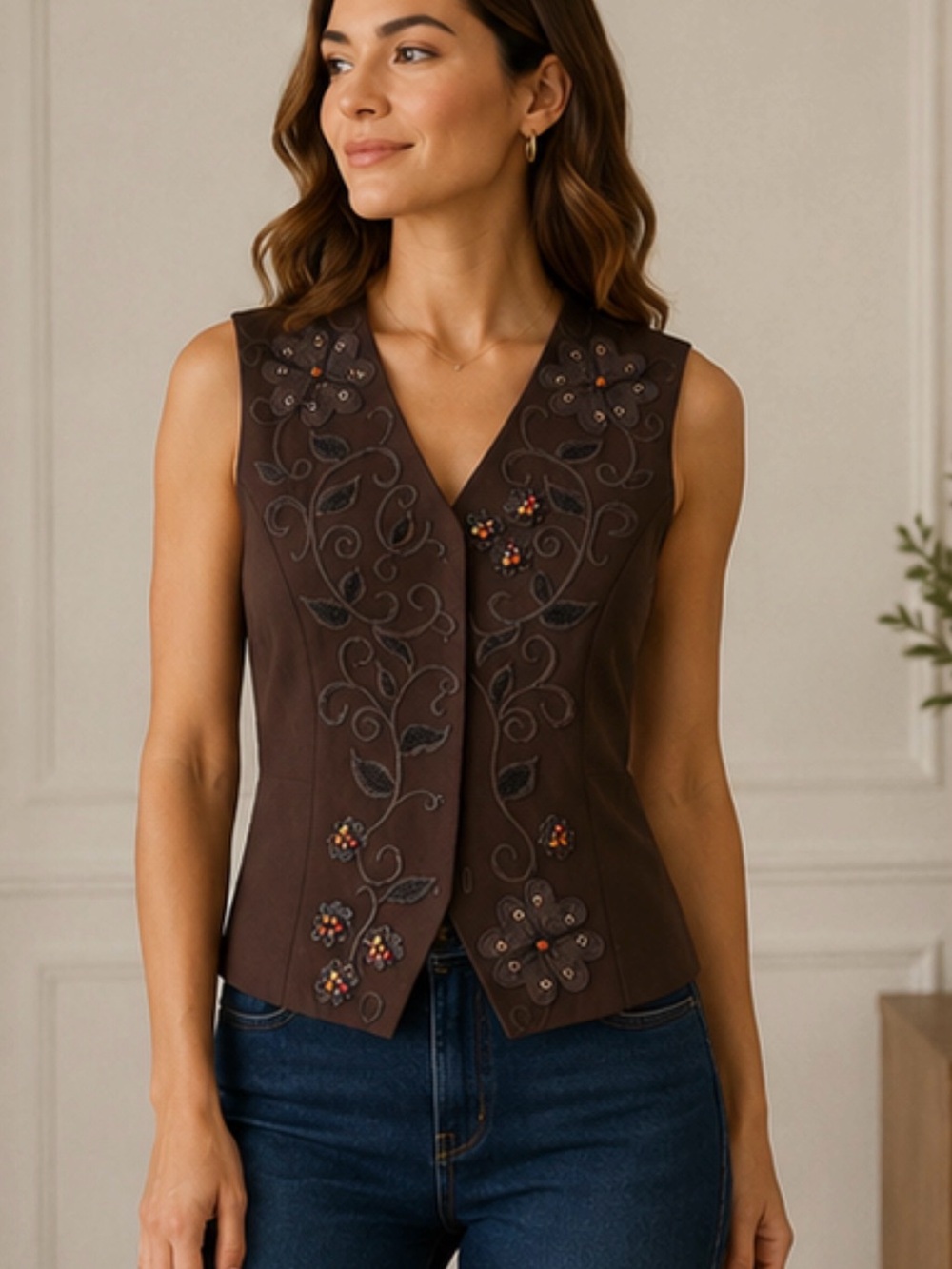 John Meyer Brown Floral Embroidered Vest